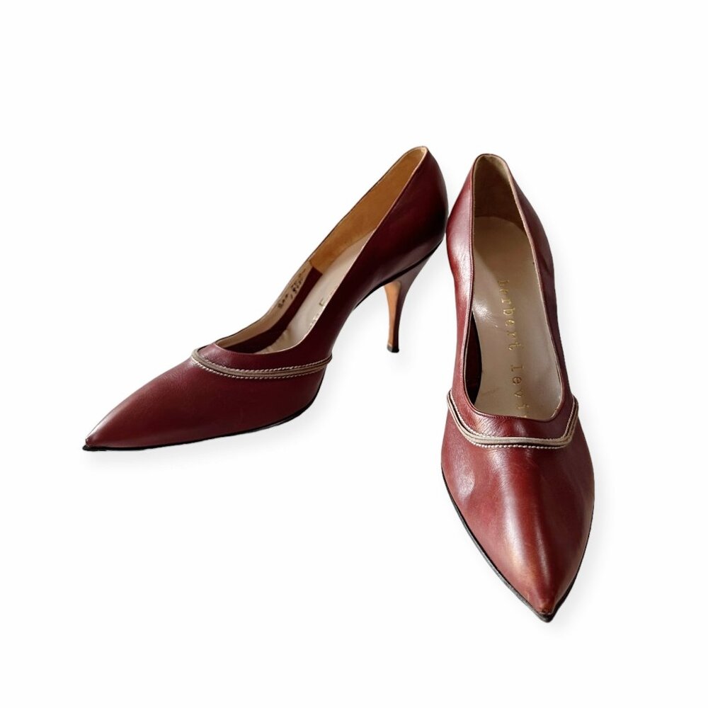 Herbert Levine Vintage Pumps Burgundy Leather Stiletto Heels 8AA USA Made